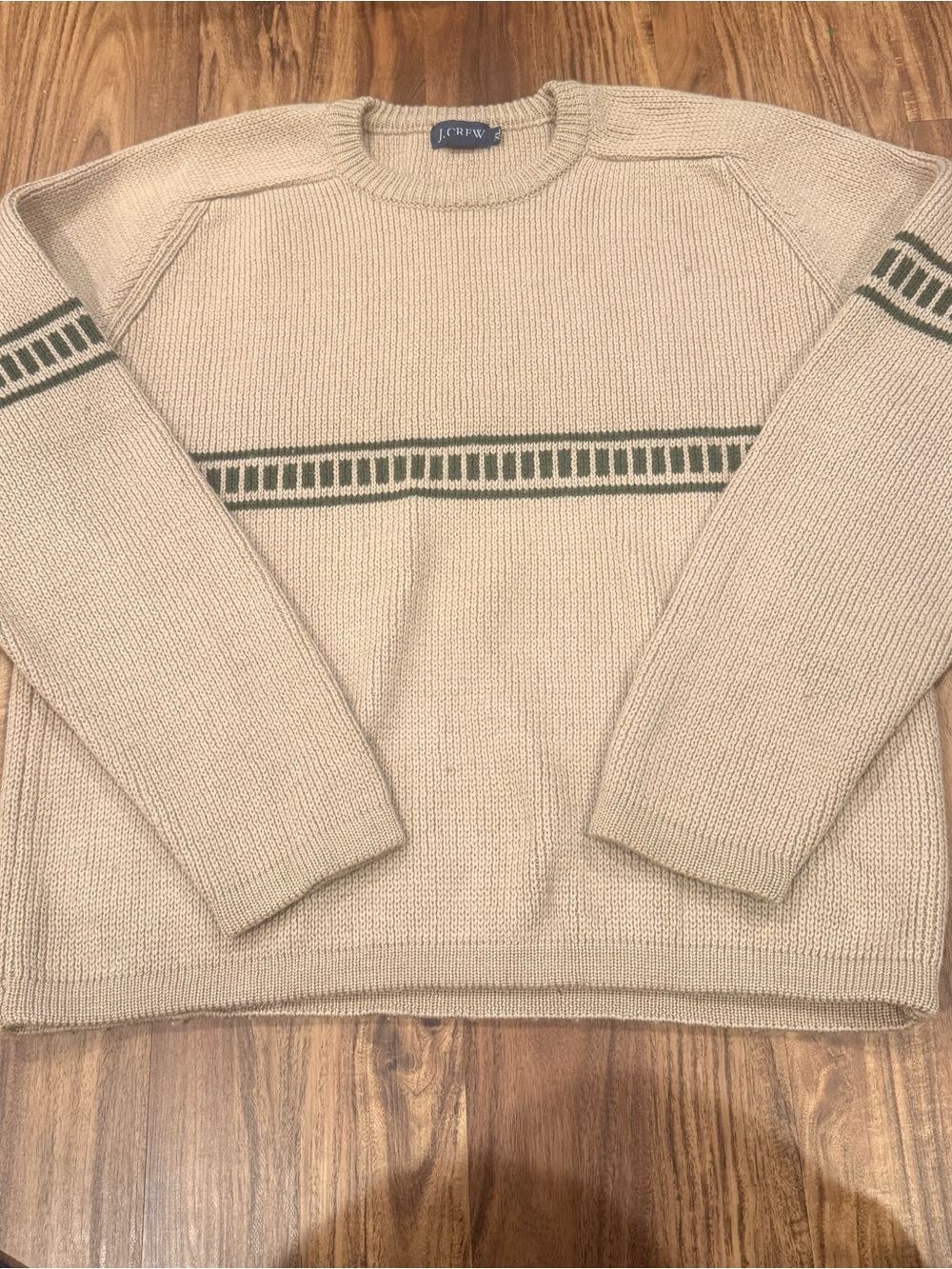 Vintage J.Crew Men's XL Pullover Crewneck 100% Wool Striped Beige Knit Sweater